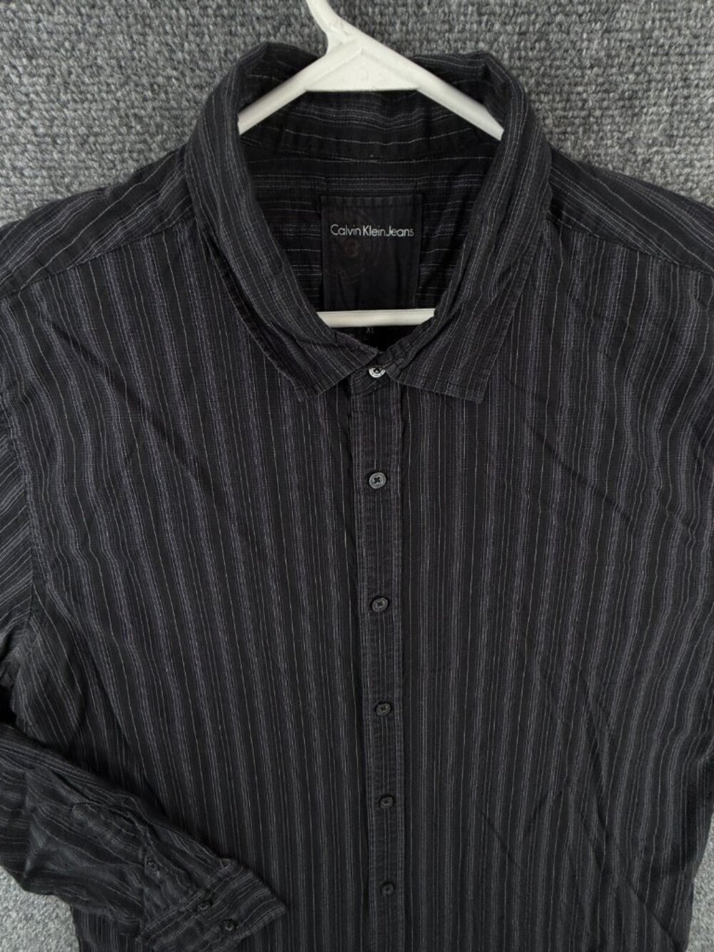 Calvin Klein Button Up Shirt Men Striped Black XL Long Sleeve Cotton Woven Adult